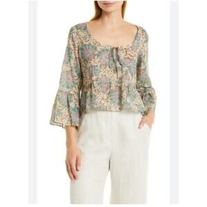 Veronica Beard Azel Paisley Print 3/4 Sleeve Flowy Cotton Blouse Size 12 Large